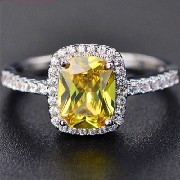 NEW Citrine Rectangular Diamond Halo Sterling Silver Ring - Picture 1 of 7